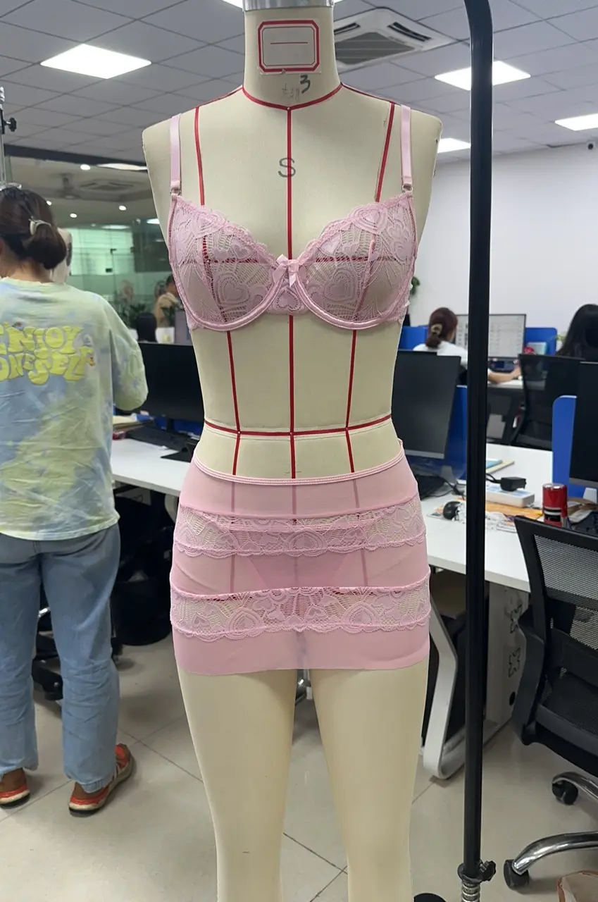 Women's Lace Lingerie Outfits Heart Mesh Bra Crop Tops + Mini Bodycon Skirt + Thong Babydoll Sleepwear Exotic Sets