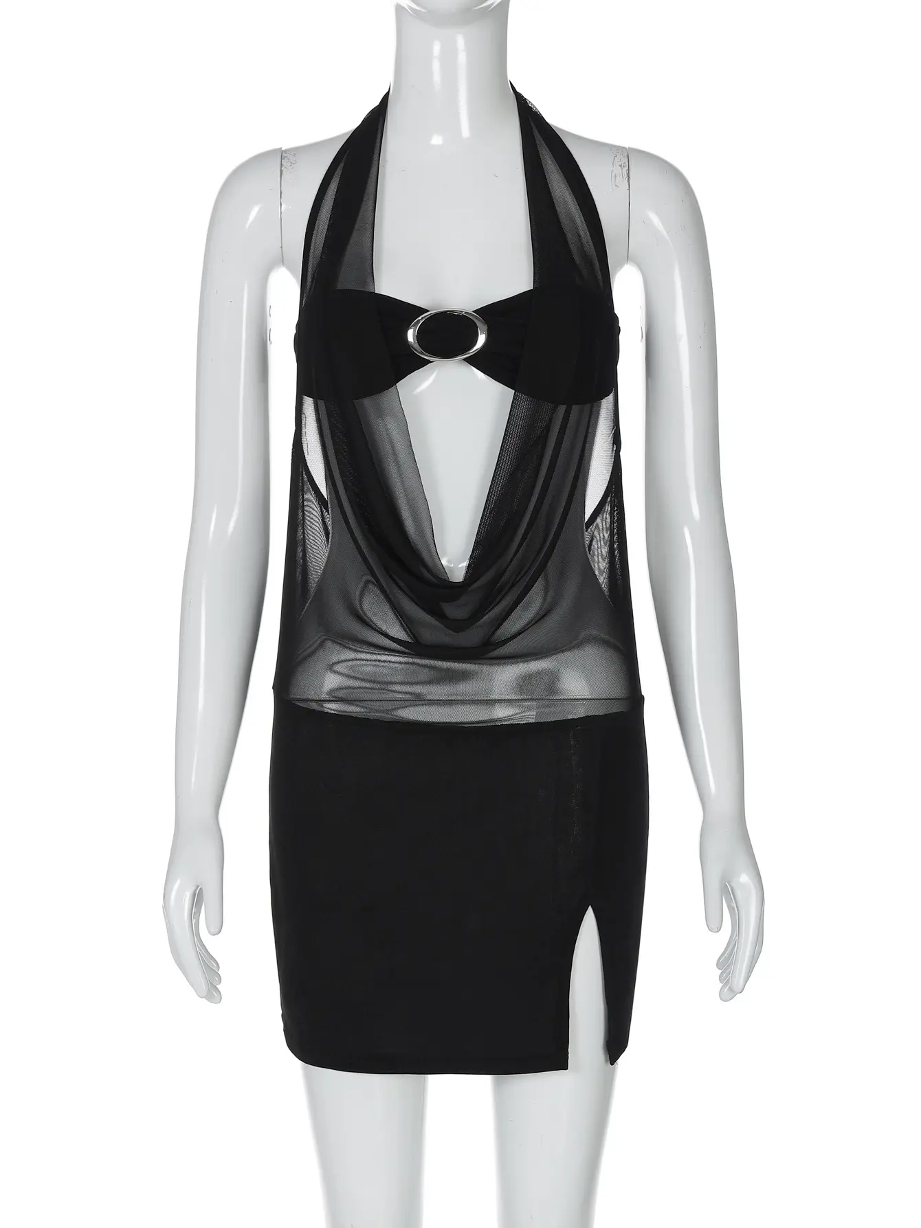 Women's Lingerie Mesh Sheer Nightdress Sexy Ladies Sleeveless Halter Neck Patchwork Slit Sleepwear Party Clubwear