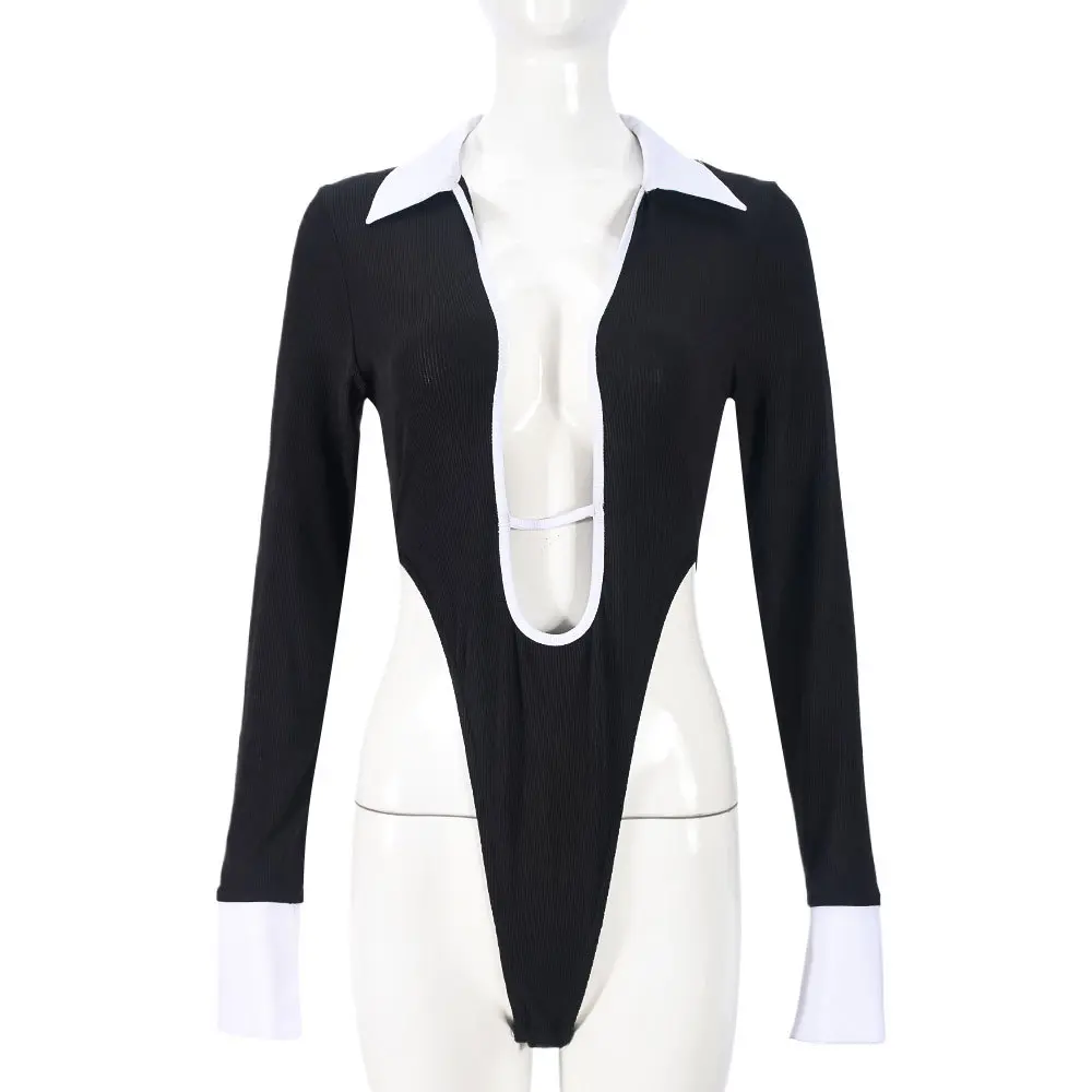 Color Patchwork Ribbed Shirts Bodysuits Women Sexy Plunge V-neck Turn Down Collar Long Sleeve Club Party Rompers Tops