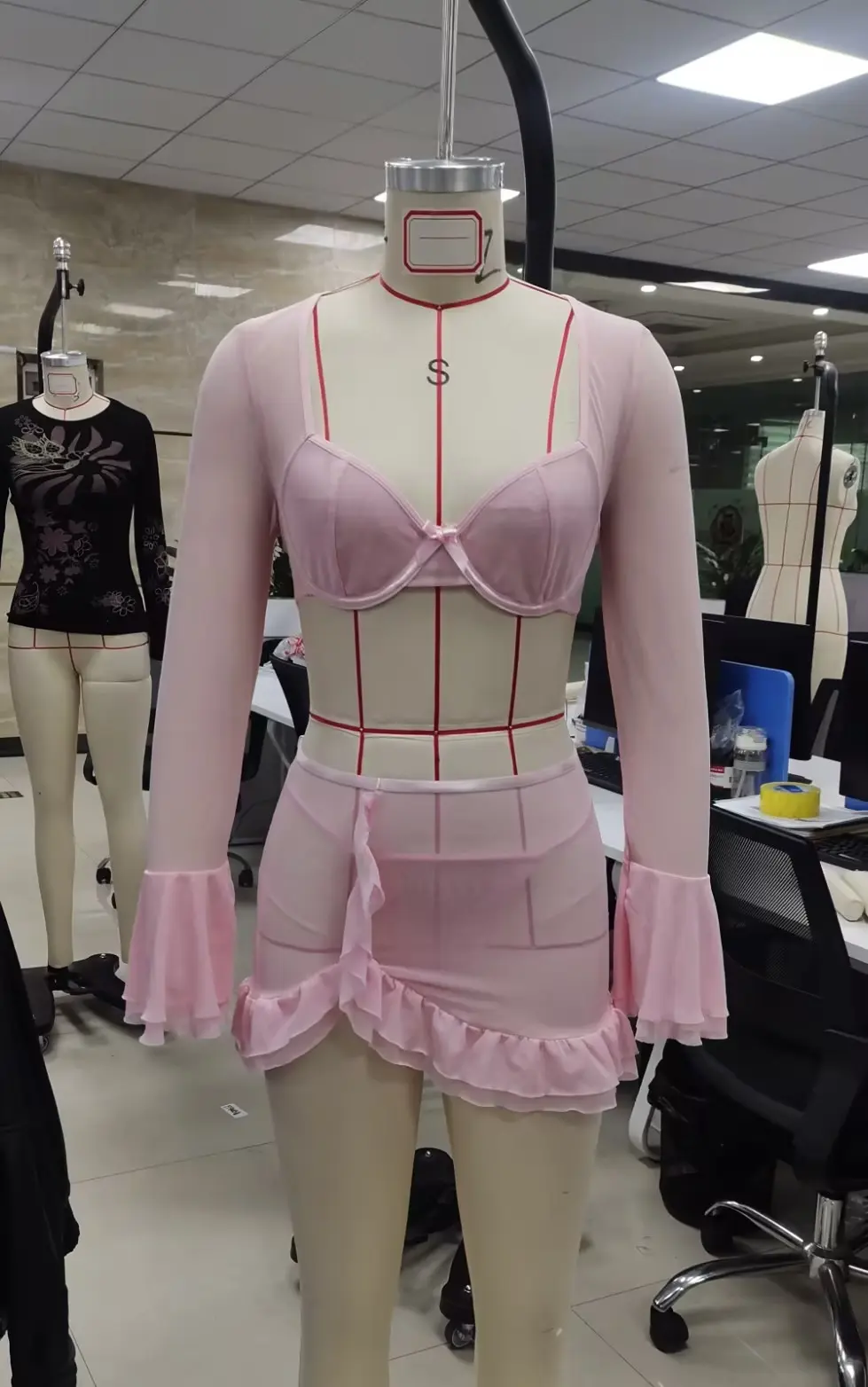 Sexy Women's Mesh Lingerie Outfits Solid Color Long Sleeve Crop Tops Mini Bodycon Skirt and Thong Babydoll Sleepwear