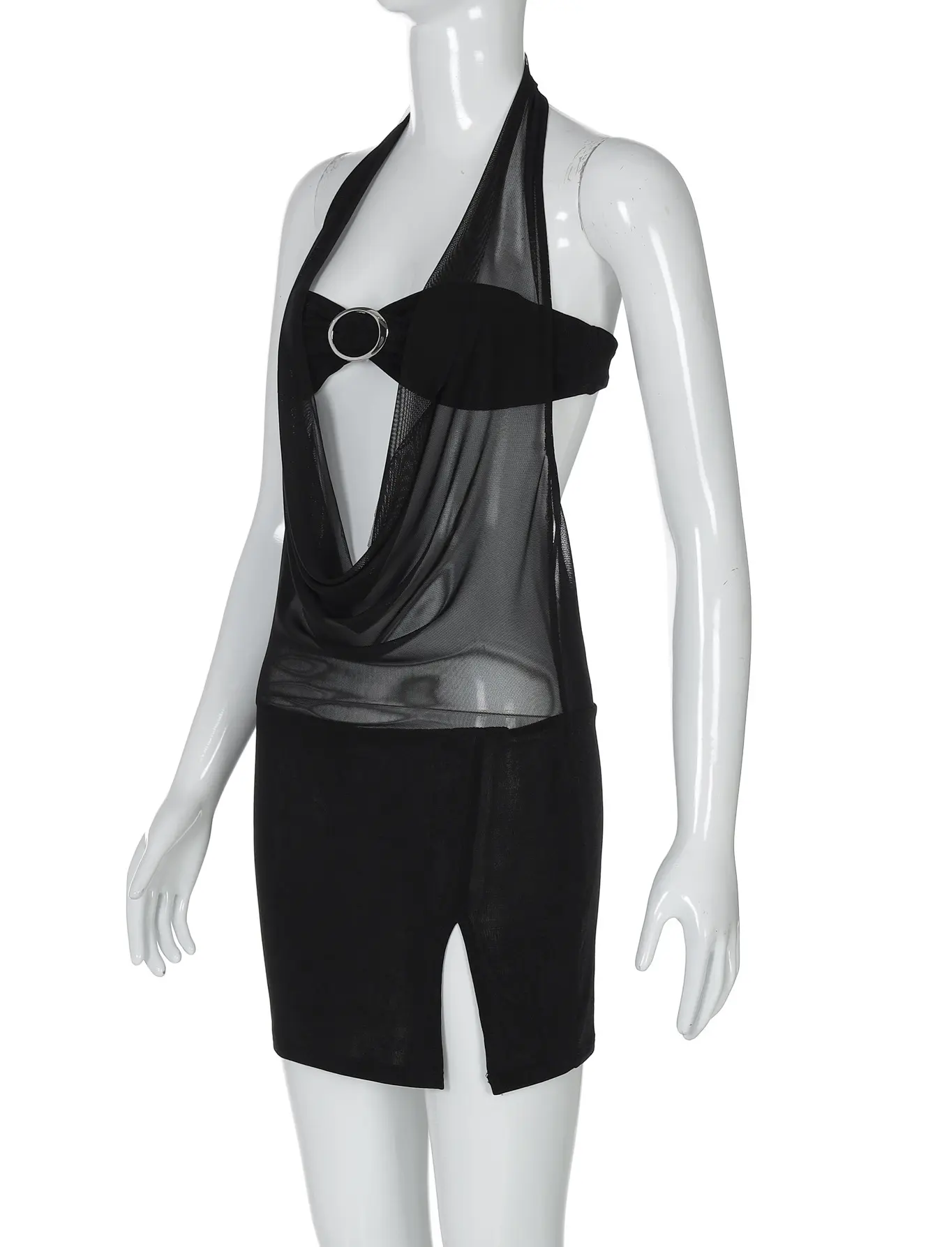 Women's Lingerie Mesh Sheer Nightdress Sexy Ladies Sleeveless Halter Neck Patchwork Slit Sleepwear Party Clubwear