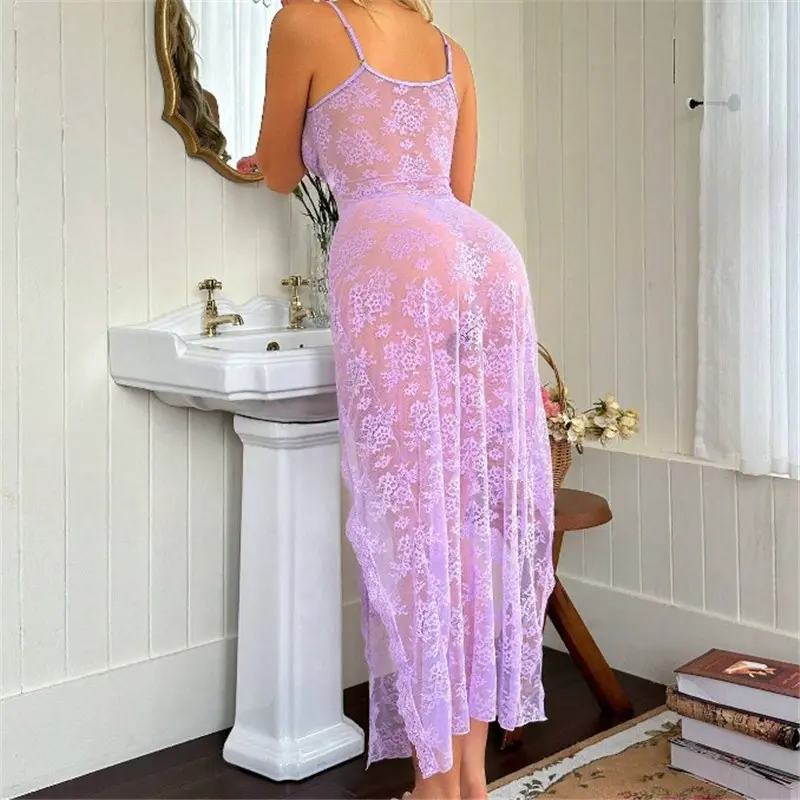 Women Lace Lingerie Set Mesh Lace Floral See Through High Slit Spaghetti Strap Long Dress with Thong Sexy 2 Pcs Set