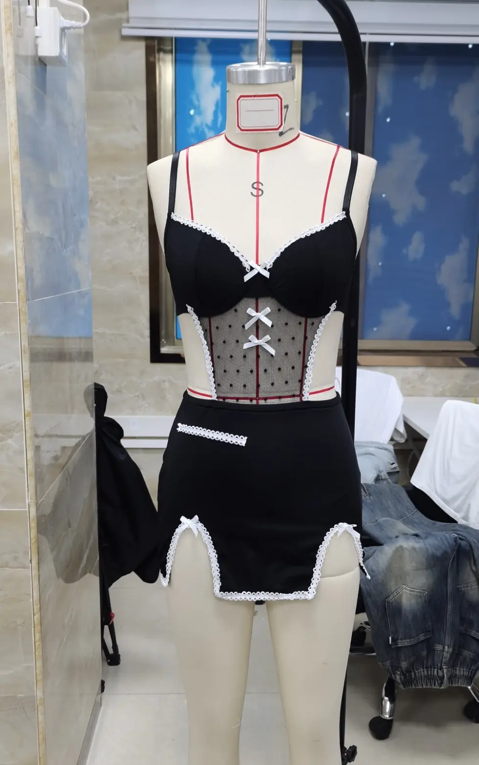 Womens Lingerie Nightwear Sexy Ladies Hollow Out Sheer Contrast Trim Mini Bows Black Sleeveless Babydoll Dress