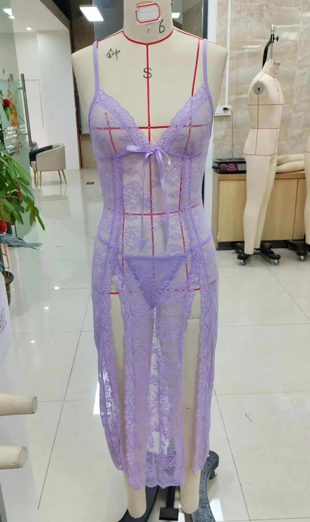 Women Lace Lingerie Set Mesh Lace Floral See Through High Slit Spaghetti Strap Long Dress with Thong Sexy 2 Pcs Set