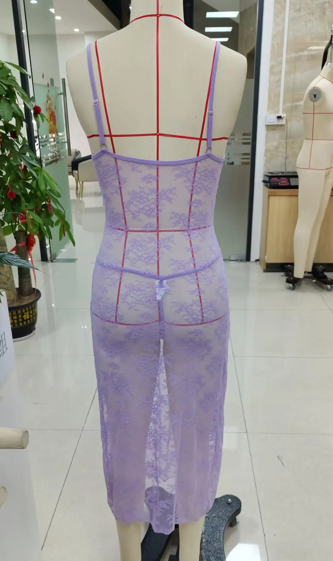Women Lace Lingerie Set Mesh Lace Floral See Through High Slit Spaghetti Strap Long Dress with Thong Sexy 2 Pcs Set