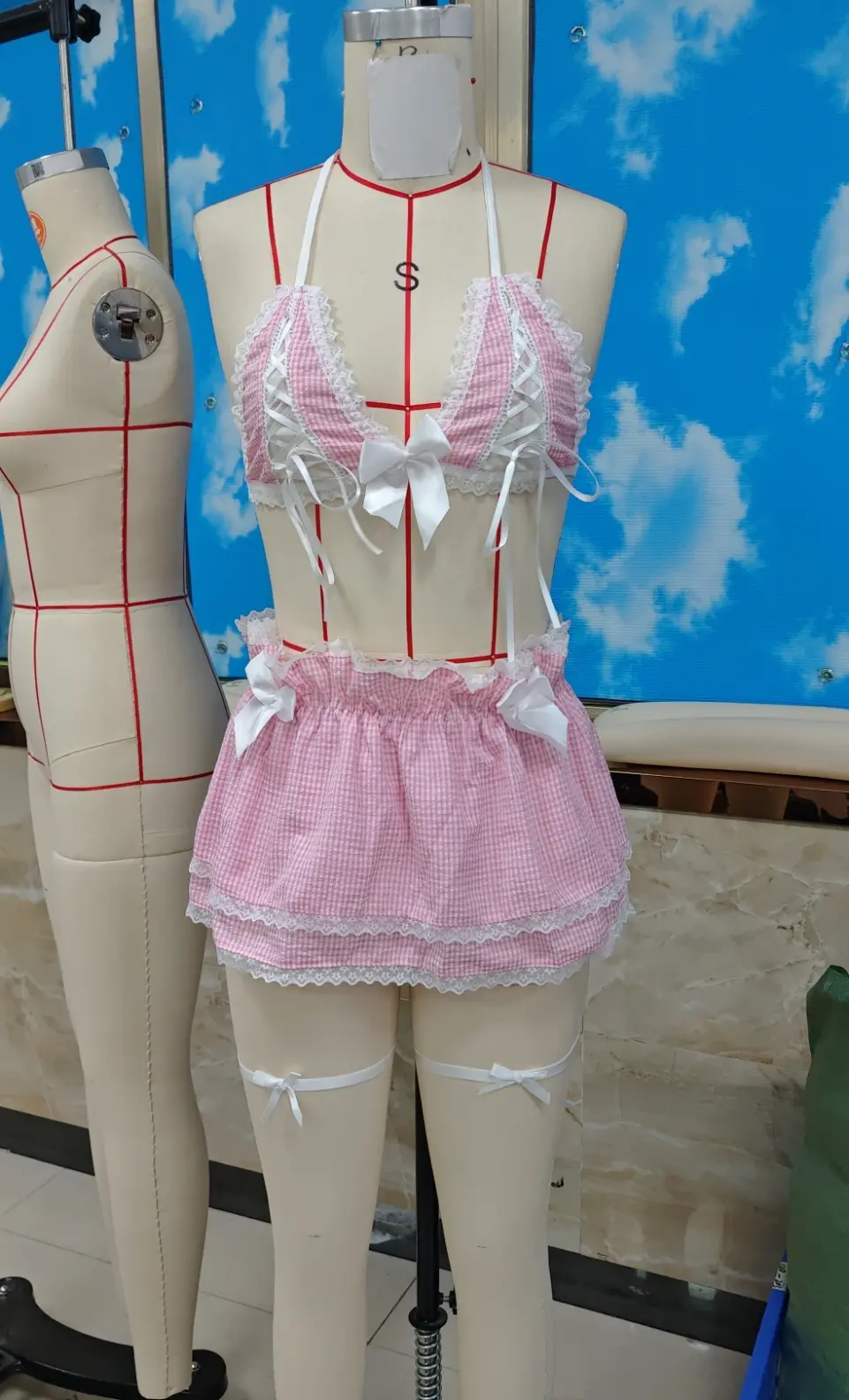 Women Lingerie Set Plaid Lace Trim Halter Push up Bra Tops Layered Mini Skirt Thong and Garters 4 Pcs Exotic Sets