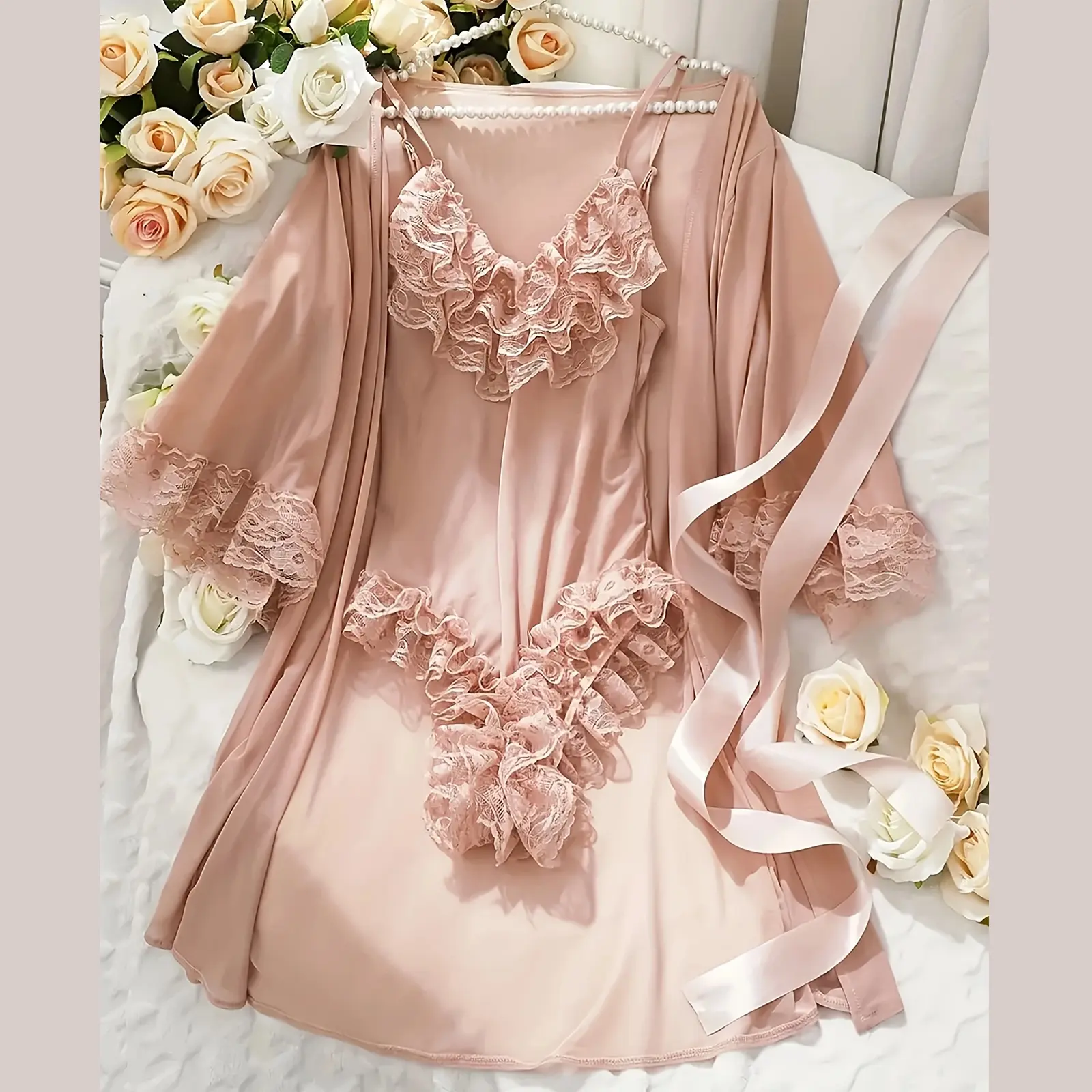Women's Lingerie Set Mesh Layered Lace Ruffles Solid Sheer Babydoll Bodysuit Long Sleeve Outer Robe and Belt 3 Pcs Set