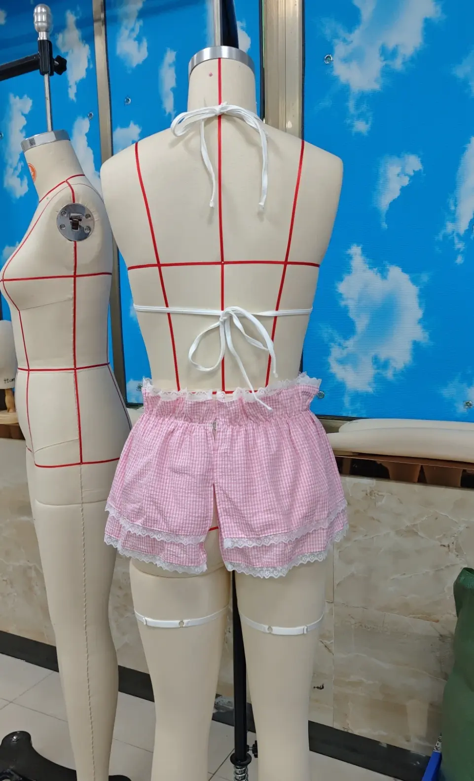 Women Lingerie Set Plaid Lace Trim Halter Push up Bra Tops Layered Mini Skirt Thong and Garters 4 Pcs Exotic Sets