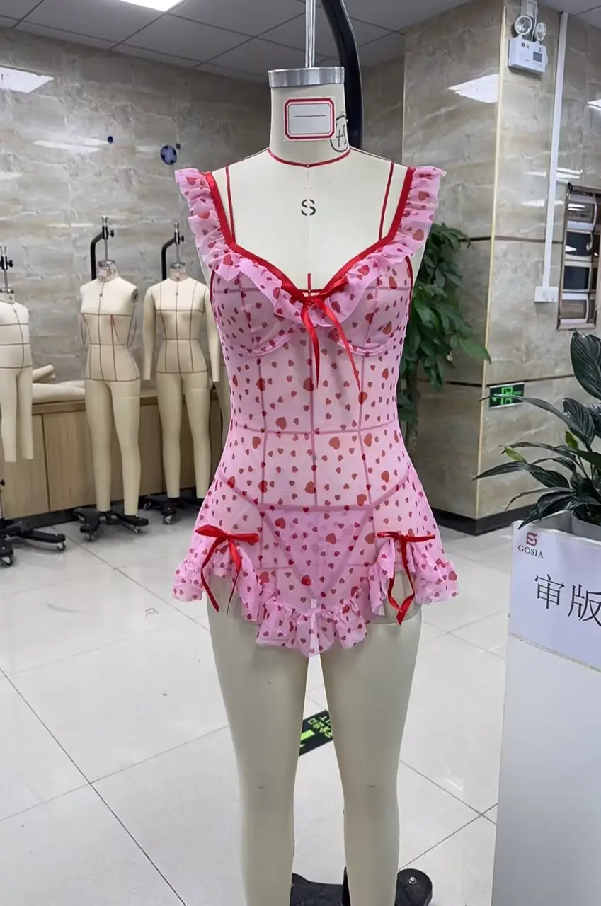 Womens Lingerie Set Heart Print Bow V Neck Ruffle Trim Spaghetti Strap Mini Dress G-string Thongs 2 Pcs Set