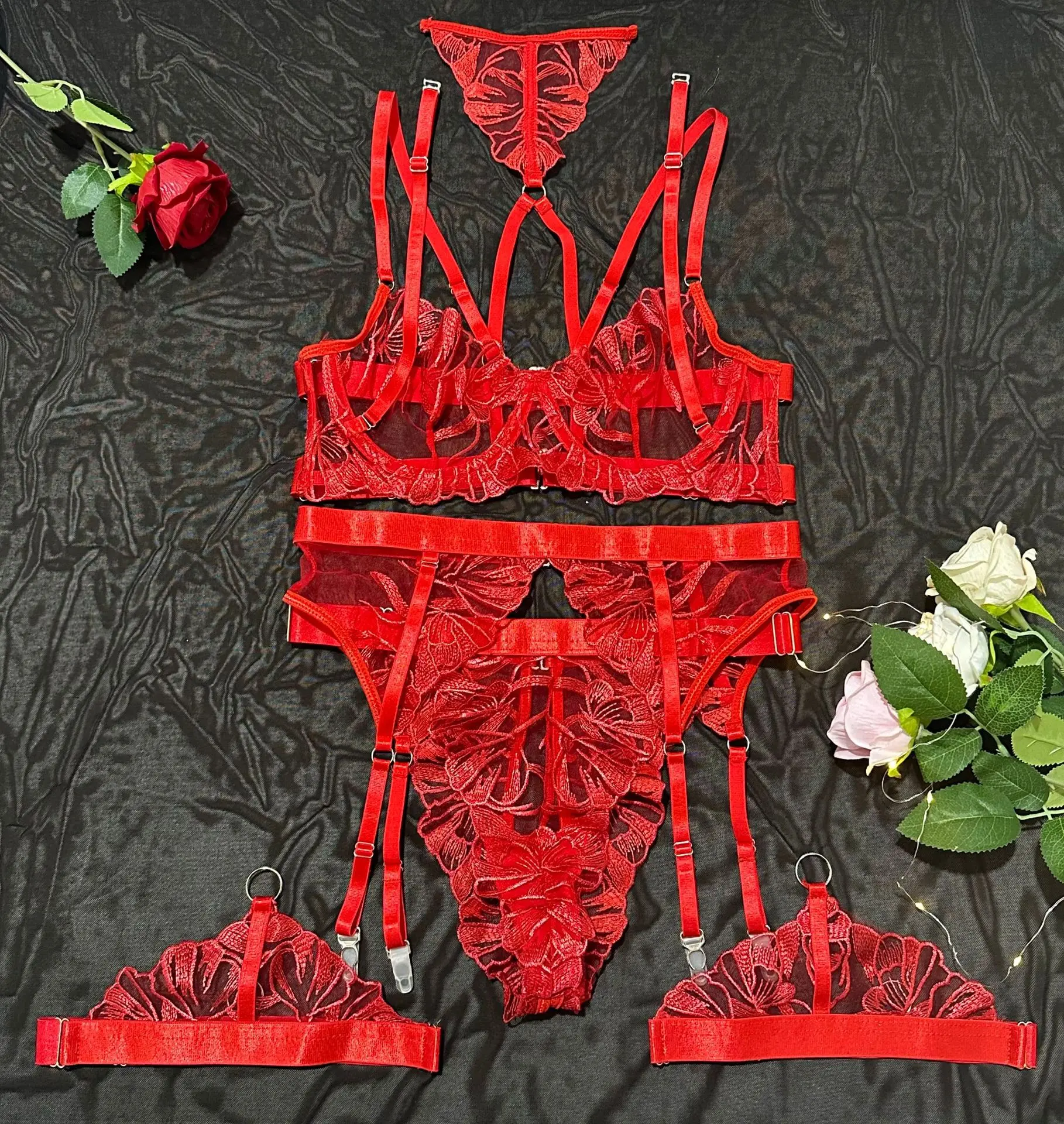 Sexy Women Lingerie Set Solid Mesh See Through Halter Push up Bra Tops Thong and Garters 3 Pcs Exotic Sets