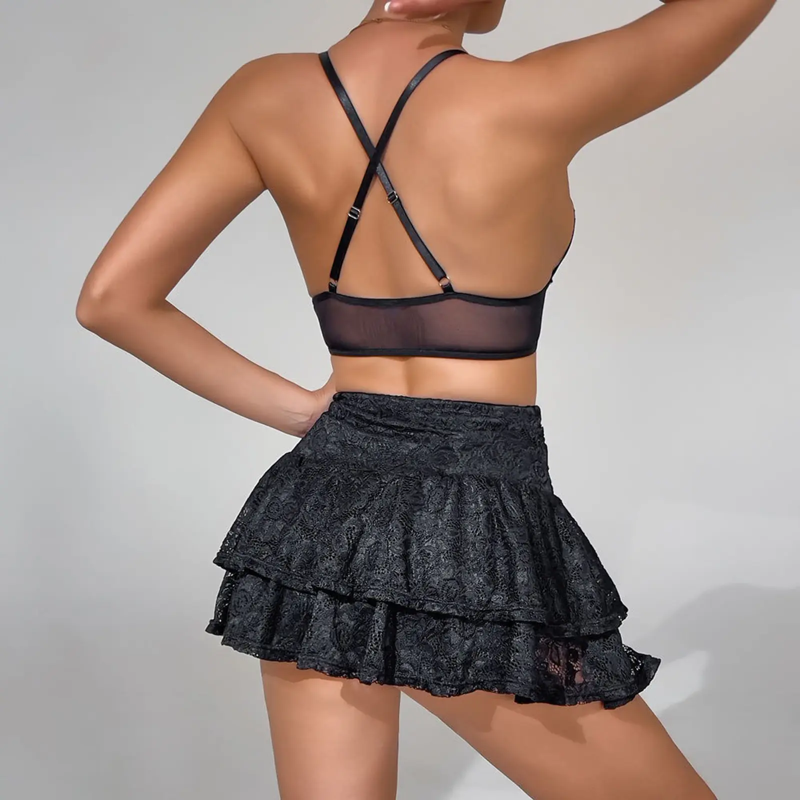 Women Lace Lingerie Set Erotic Tie-up Sheer Bra with Mini Skirt Nightwear Sleepwear Sexy Ladies Exotic Apparel