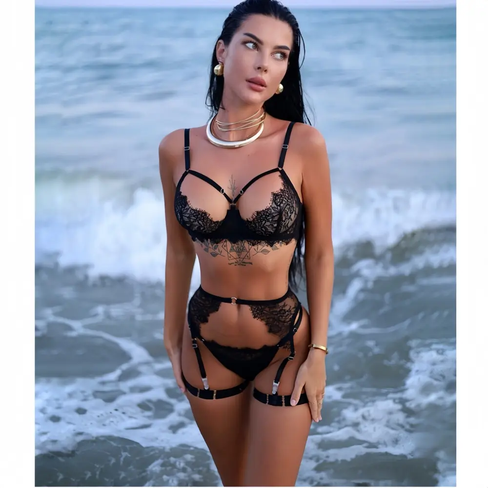 Sexy Black Lace Sheer Lingerie Four Piece Sets Fancy Hollow Out See Through Bras And Thongs Garters Suits Sensual Exotic Sets