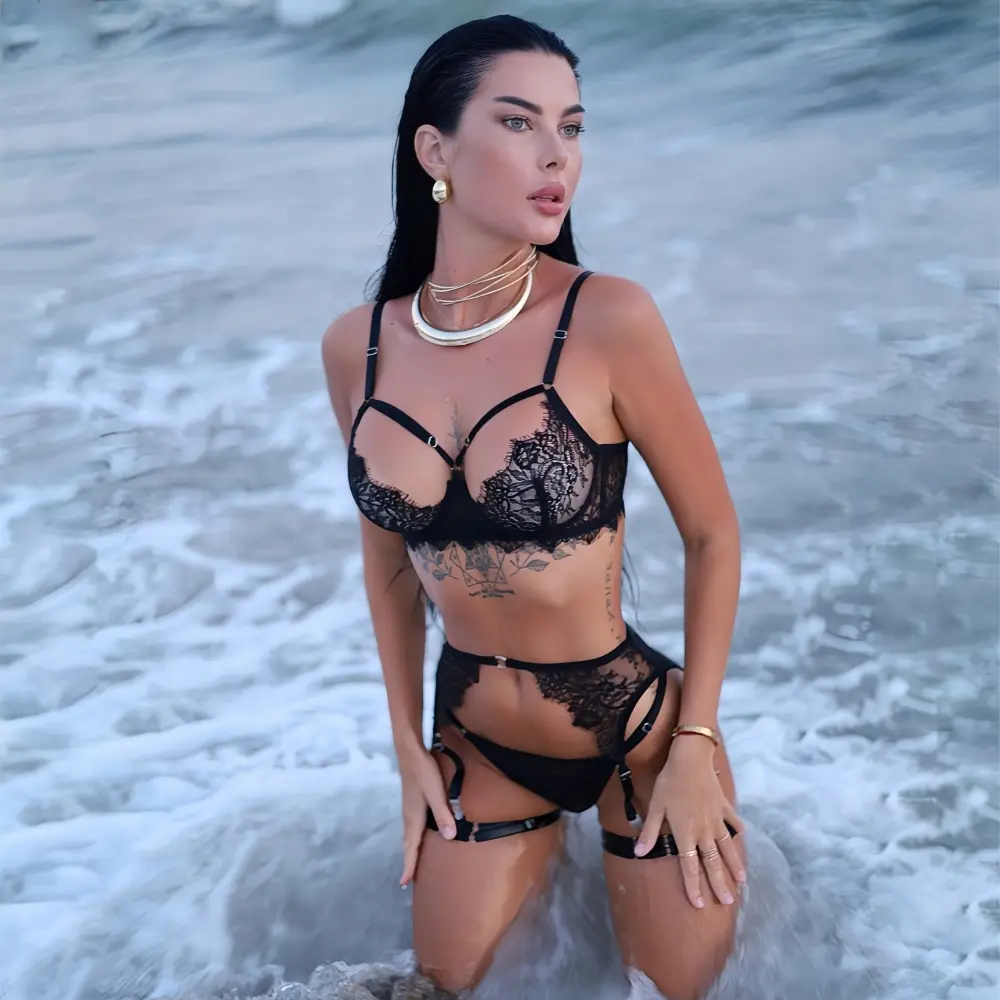 Sexy Black Lace Sheer Lingerie Four Piece Sets Fancy Hollow Out See Through Bras And Thongs Garters Suits Sensual Exotic Sets