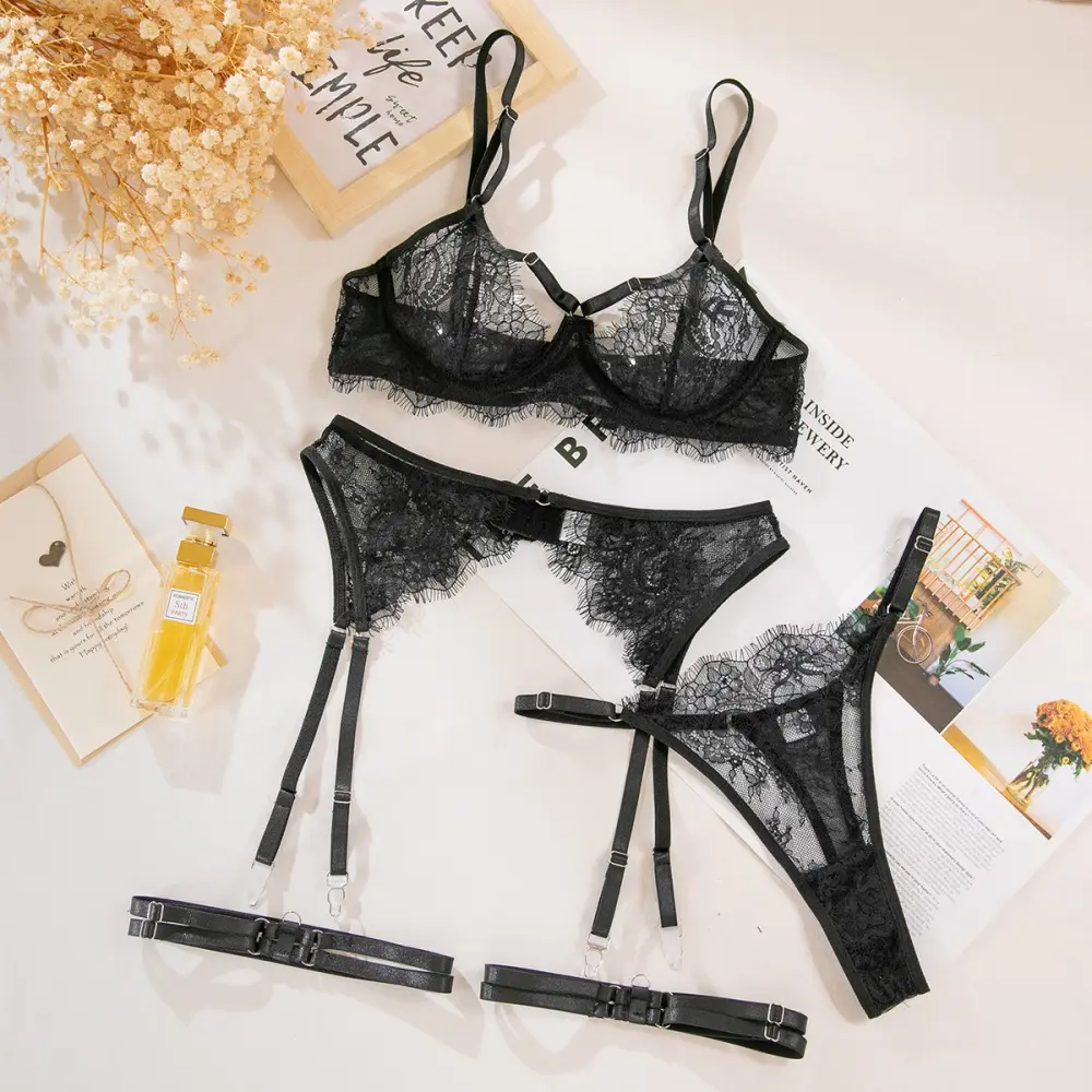 Sexy Black Lace Sheer Lingerie Four Piece Sets Fancy Hollow Out See Through Bras And Thongs Garters Suits Sensual Exotic Sets