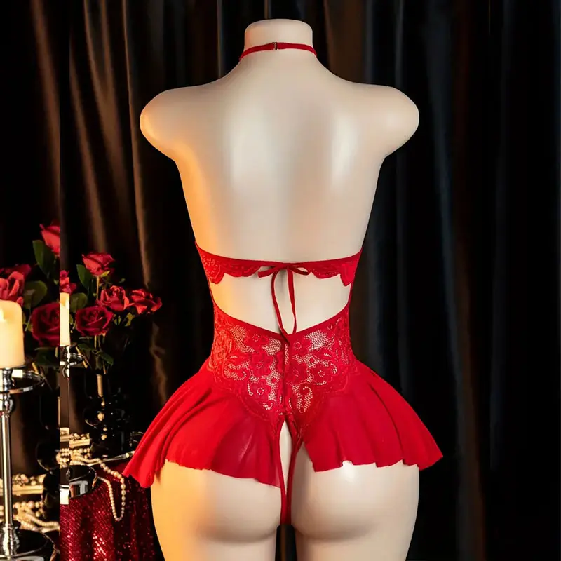 Front Clasp Open Bra Porn Lingerie Corset Deep V Sexy Crotchless Claret Underwear Women Lace Hollow Bras Hot Baby Doll Dress