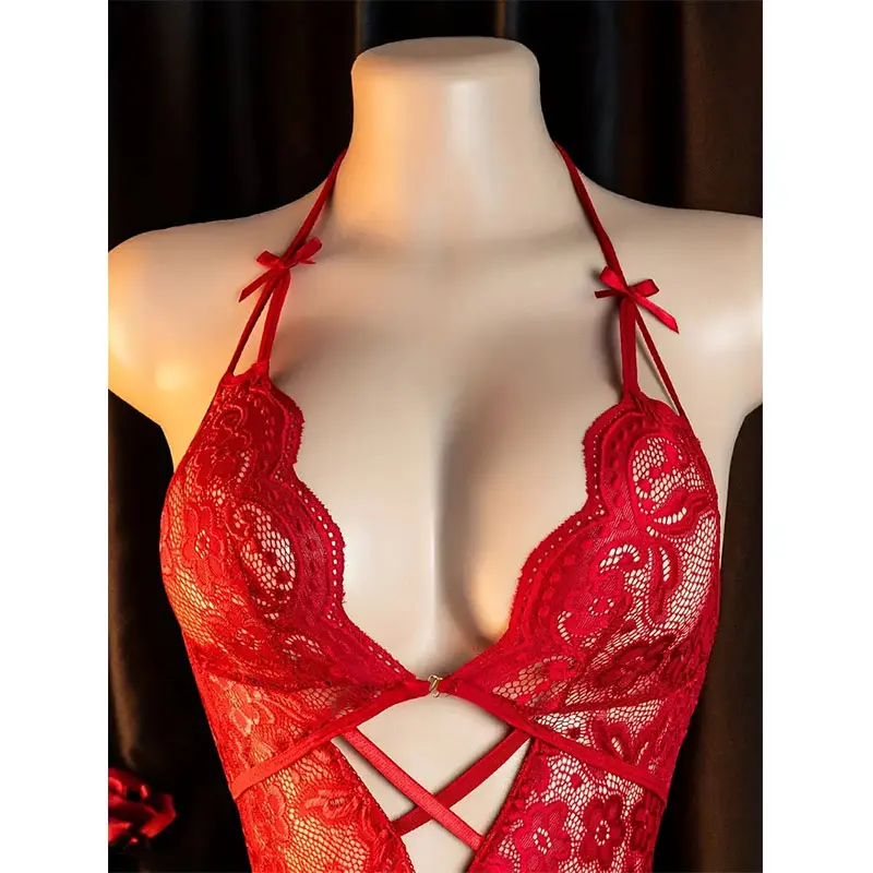 Front Clasp Open Bra Porn Lingerie Corset Deep V Sexy Crotchless Claret Underwear Women Lace Hollow Bras Hot Baby Doll Dress