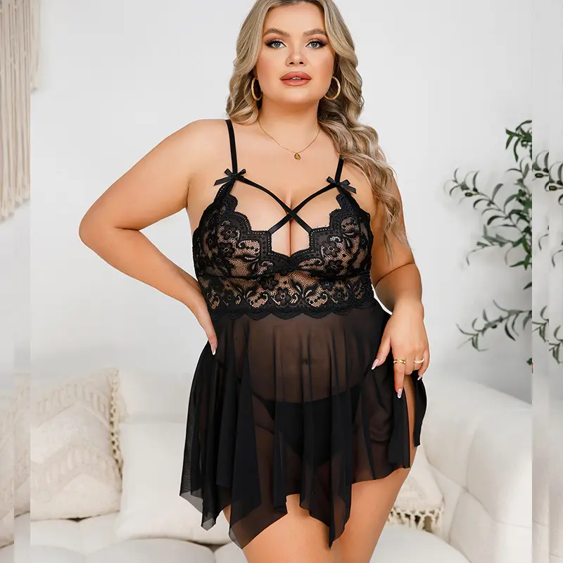 Sleeveless Plus Size Ladies Nightgown Solid Color Transparent Women's Short Dress Red Bra With Panties Sexy Babydoll Pajamas Set