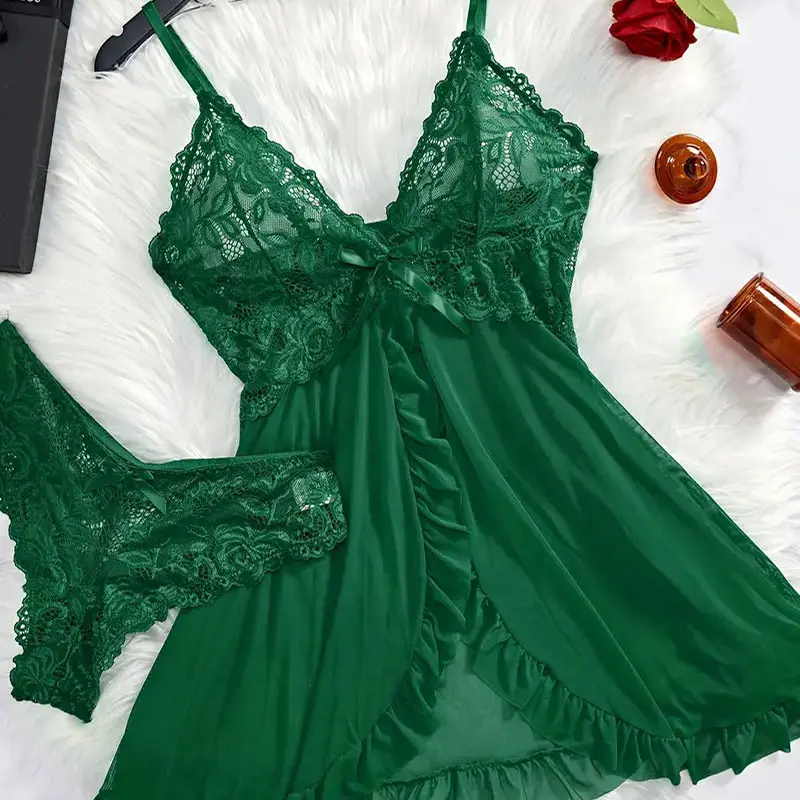 2 Pcs Set Lace Nightgown Women Exquisite Homewear New Green Nighttime Pajamas Transparent Split Nightdress V-Neck Bra Panty Sets