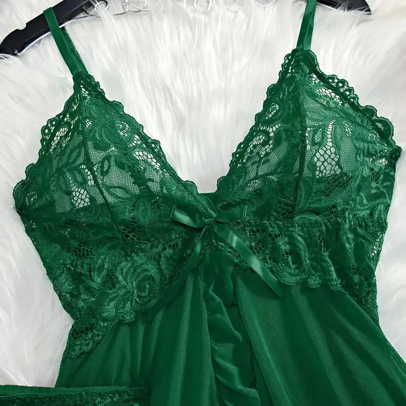 2 Pcs Set Lace Nightgown Women Exquisite Homewear New Green Nighttime Pajamas Transparent Split Nightdress V-Neck Bra Panty Sets