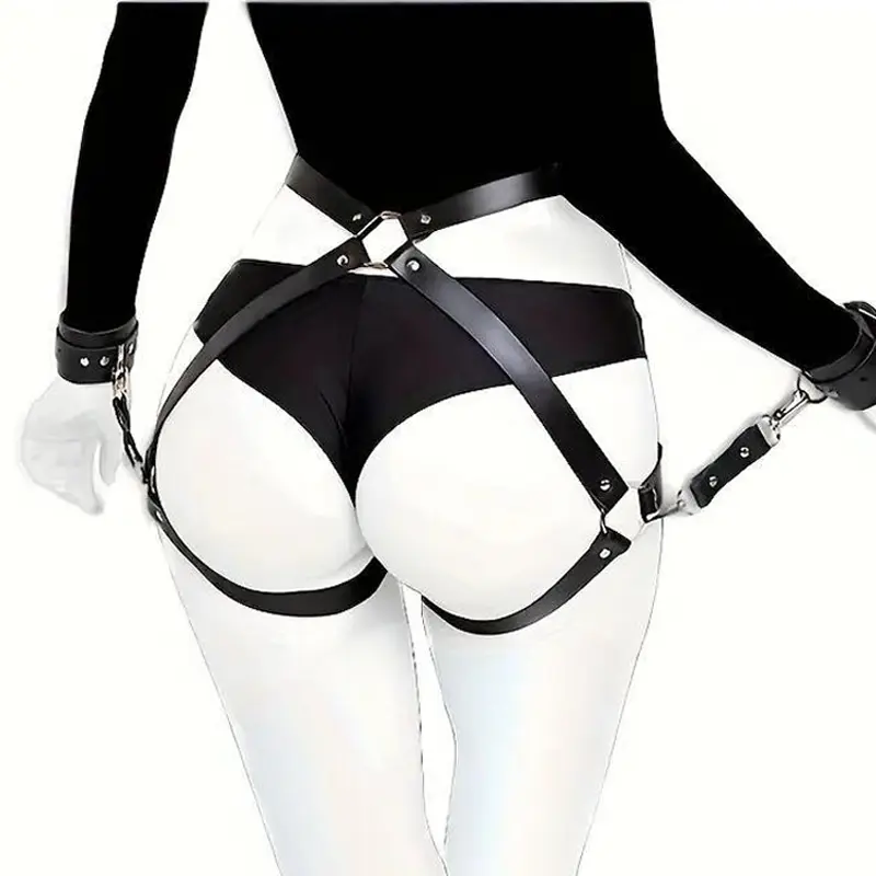 Bdsm Leather Garter Belt Lingerie Gothic Rave Costume Adult Bandage Lencerias  PU Leg Loops Plus Size Underwear With Handcuffs