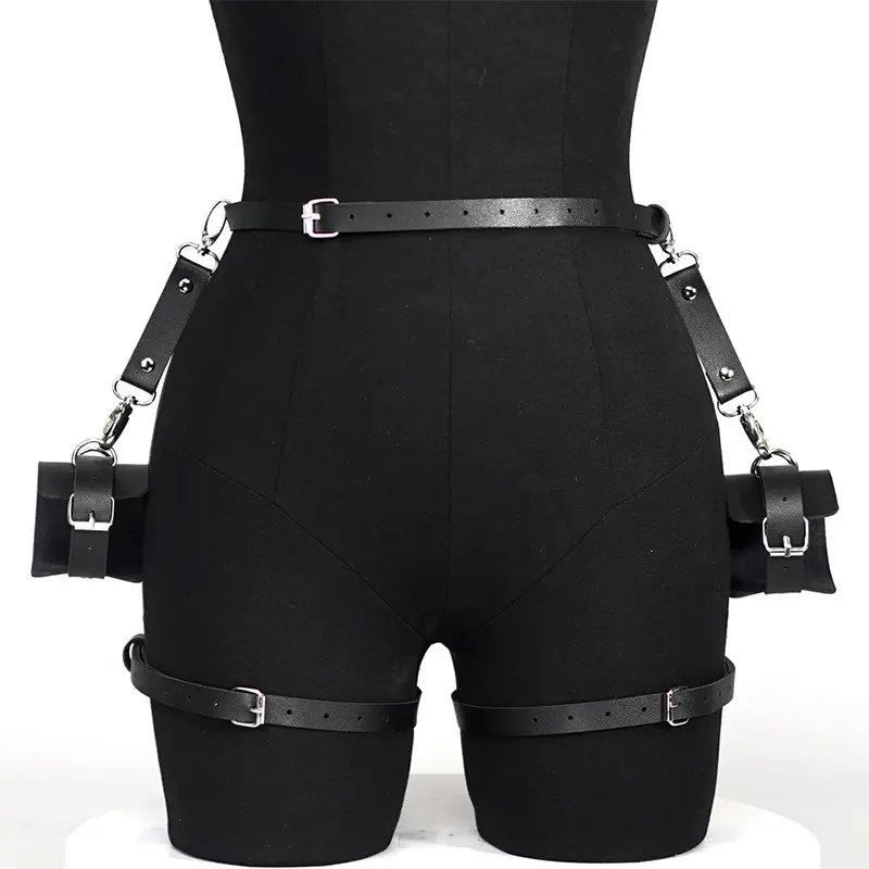 Bdsm Leather Garter Belt Lingerie Gothic Rave Costume Adult Bandage Lencerias  PU Leg Loops Plus Size Underwear With Handcuffs
