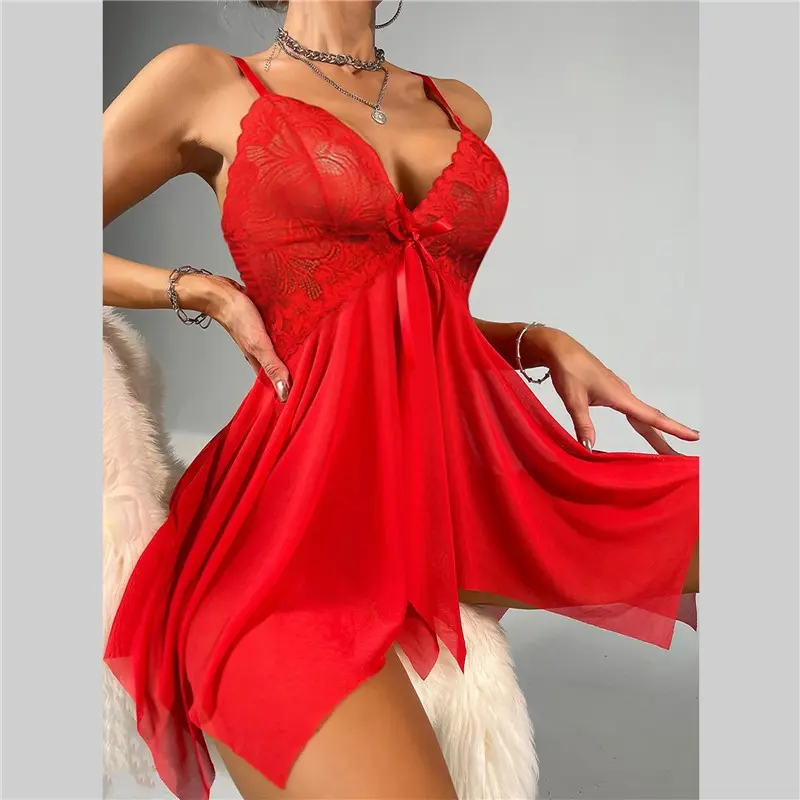 Short Style Red Sleeveless Summer Nightgowns Women's Nightshirt Sling Sexy Sleepwear Hot Mesh G-string Adult Pajamas Transparent