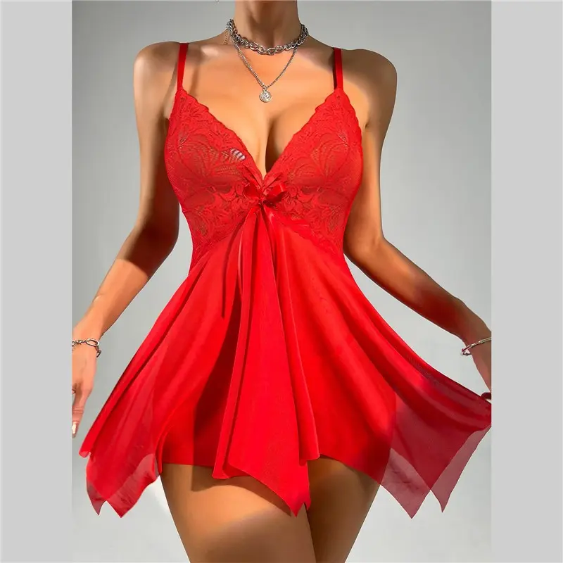 Short Style Red Sleeveless Summer Nightgowns Women's Nightshirt Sling Sexy Sleepwear Hot Mesh G-string Adult Pajamas Transparent