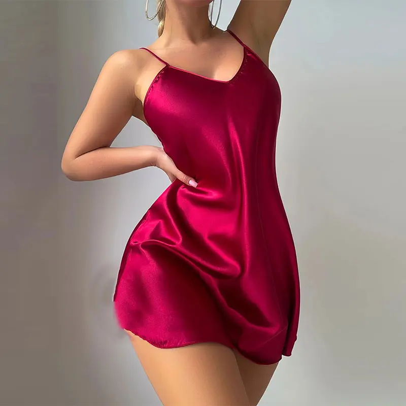 Curvy Night Dress Silk Bra Solid Color Lingerie Woman Elegant Nightgown Halter V-neck Hot Underwear Sexy Babydoll Sleepwear