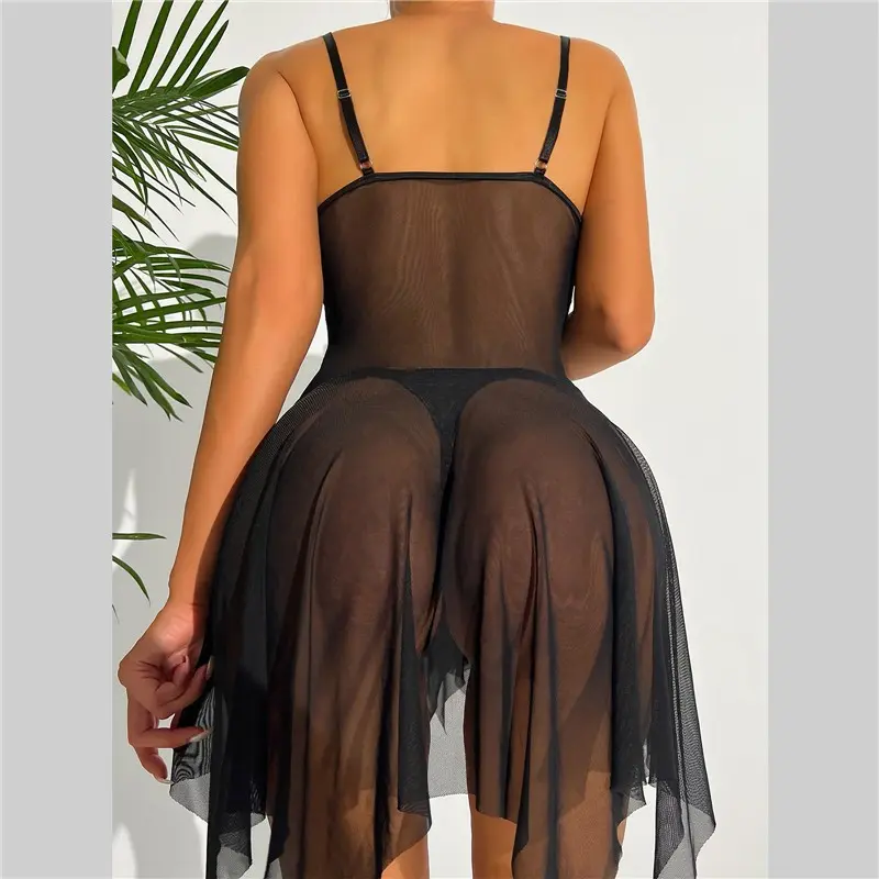 Short Style Red Sleeveless Summer Nightgowns Women's Nightshirt Sling Sexy Sleepwear Hot Mesh G-string Adult Pajamas Transparent
