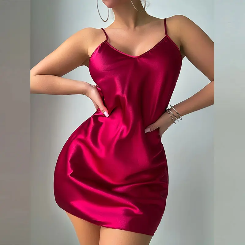 Curvy Night Dress Silk Bra Solid Color Lingerie Woman Elegant Nightgown Halter V-neck Hot Underwear Sexy Babydoll Sleepwear
