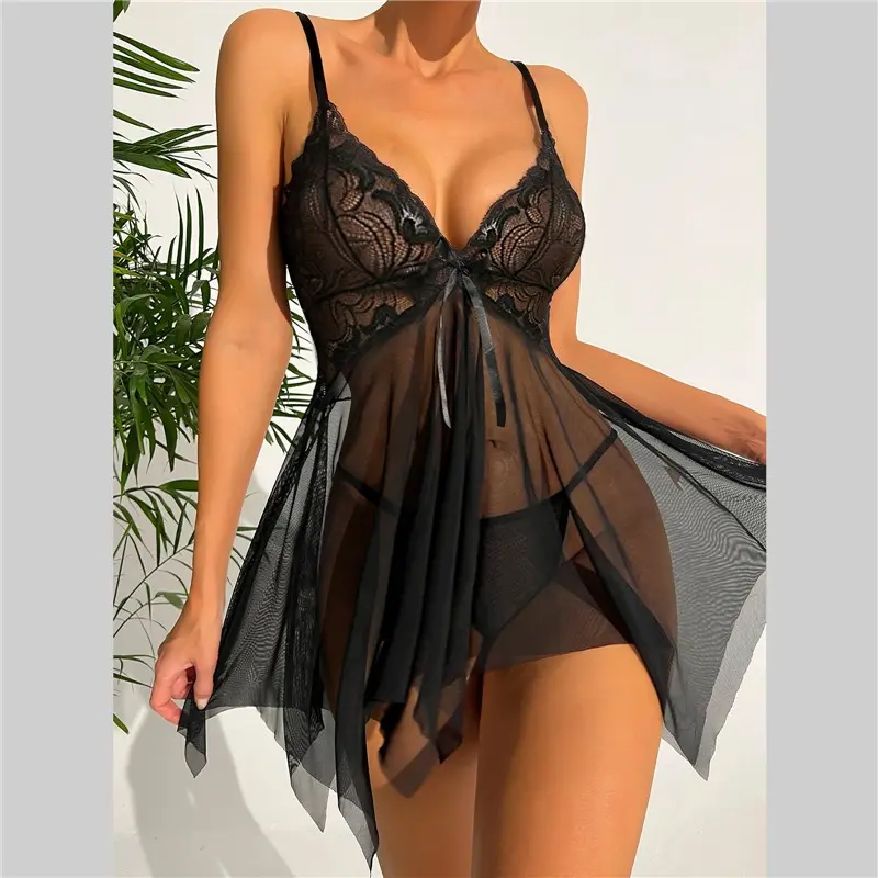 Short Style Red Sleeveless Summer Nightgowns Women's Nightshirt Sling Sexy Sleepwear Hot Mesh G-string Adult Pajamas Transparent