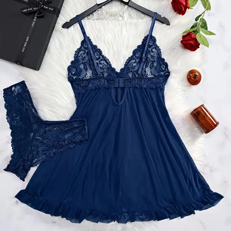 Halter Summer Dress V-neck Lace Tulle Nightgown Sexy Panties Women's Pajamas Plus Size Lingerie Delicate Set Ultra-thin Homewear