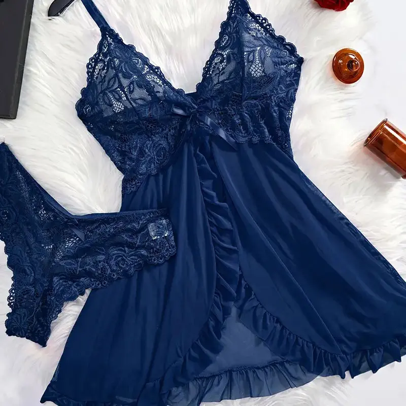 Halter Summer Dress V-neck Lace Tulle Nightgown Sexy Panties Women's Pajamas Plus Size Lingerie Delicate Set Ultra-thin Homewear