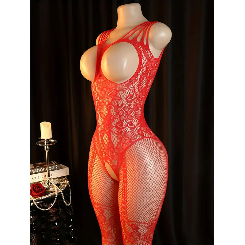 Erotic Body Suit Hollowed Out Open Bra Hot Red Crotchless Sex Stockings Sexy Lingerie For Adult Female Sexual Cosplay Bodysuit