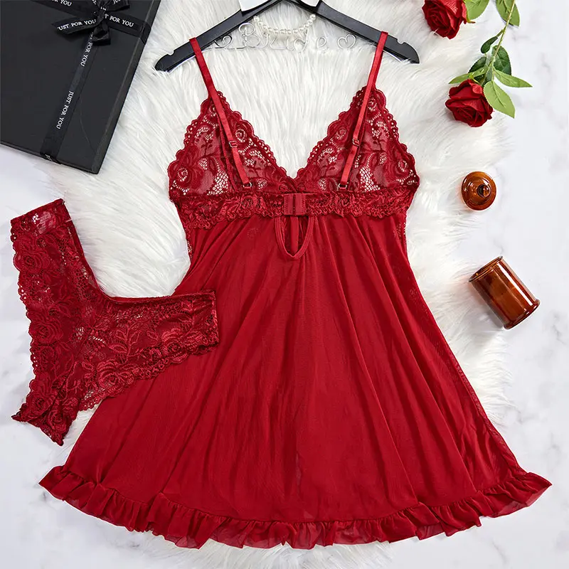 Transparent Short Women's Nightgown Ultra Sexy Dress Body Sleeping Suit Lace Bra Thong Halter Nightdress Set xxl Women Clothes