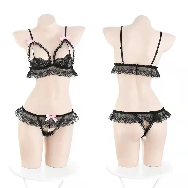 Erotic Women's Pearl Bra Panties White Open Set Fashion Crotchless Lingerie Porn Suit Lace Transparent Sexy Bras Underwear Sets