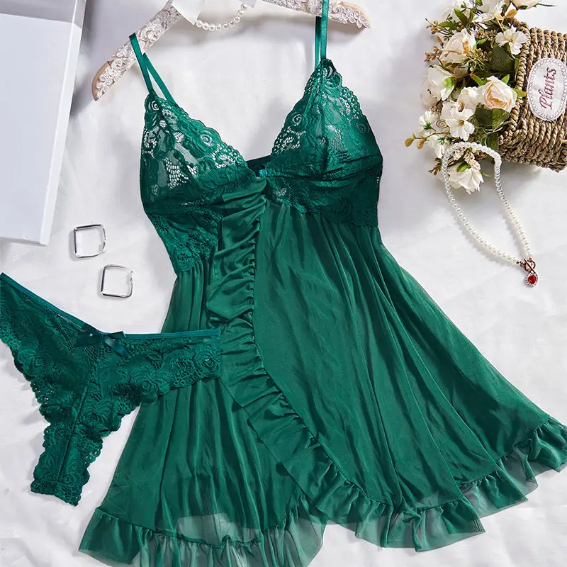 Transparent Short Women's Nightgown Ultra Sexy Dress Body Sleeping Suit Lace Bra Thong Halter Nightdress Set xxl Women Clothes