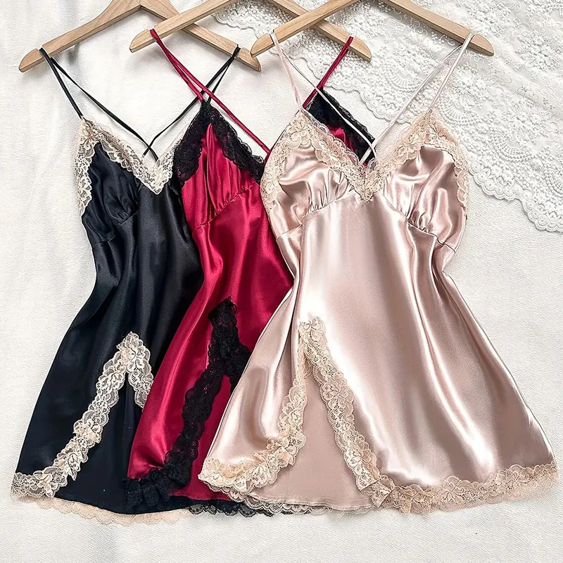 Sleeveless Silk Nightgown Women's Halter Dress Summer Pajamas Soft Embroidered Lace Short Split Sleepwear Elegant Nightdress