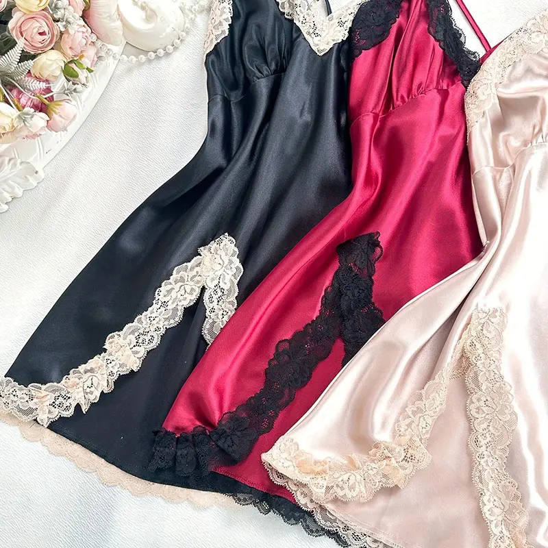 Sleeveless Silk Nightgown Women's Halter Dress Summer Pajamas Soft Embroidered Lace Short Split Sleepwear Elegant Nightdress