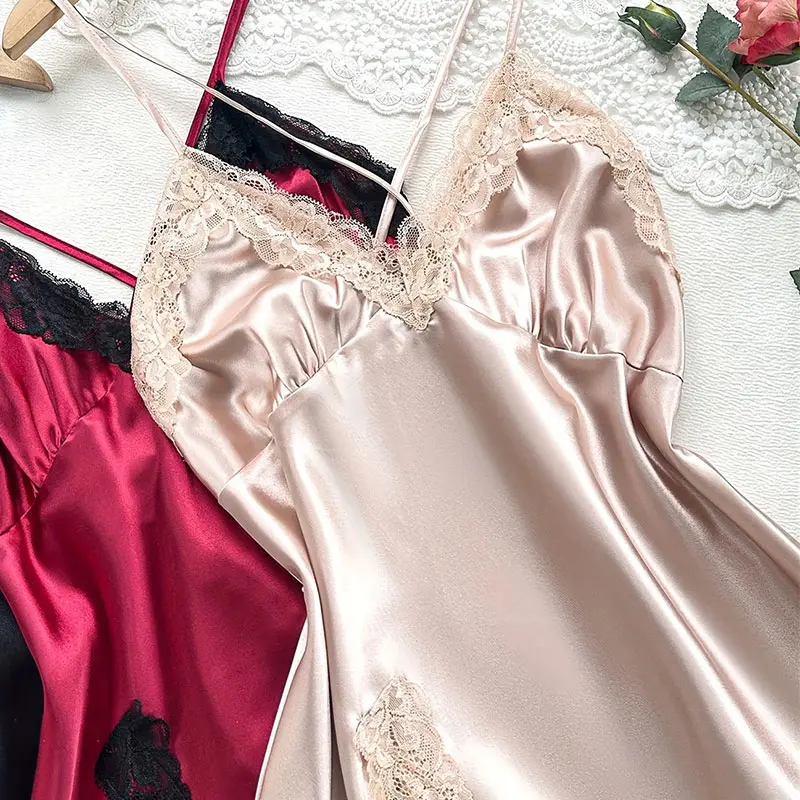 Sleeveless Silk Nightgown Women's Halter Dress Summer Pajamas Soft Embroidered Lace Short Split Sleepwear Elegant Nightdress