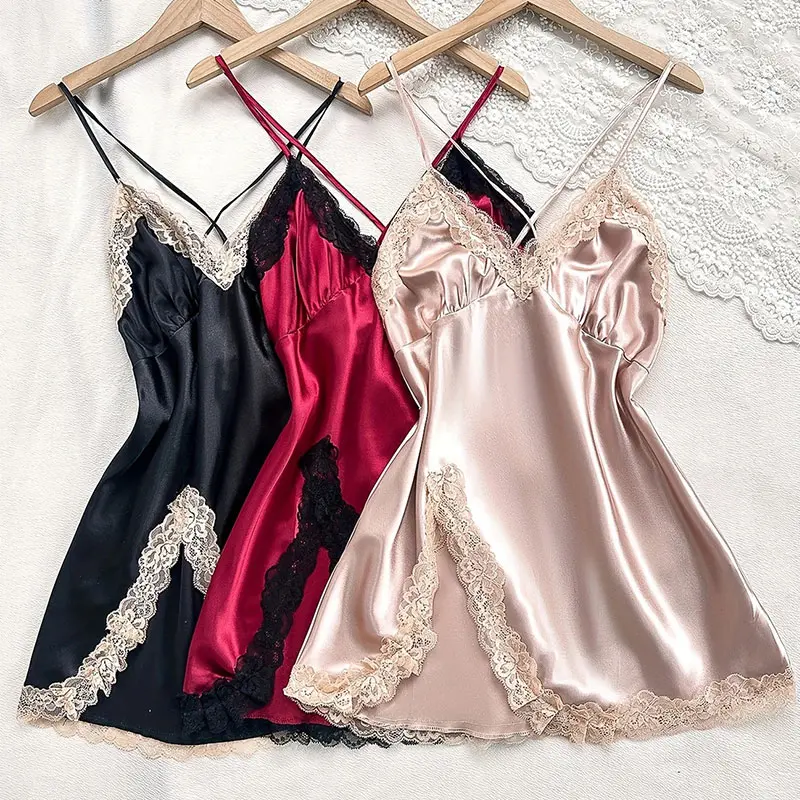 Sleeveless Silk Nightgown Women's Halter Dress Summer Pajamas Soft Embroidered Lace Short Split Sleepwear Elegant Nightdress