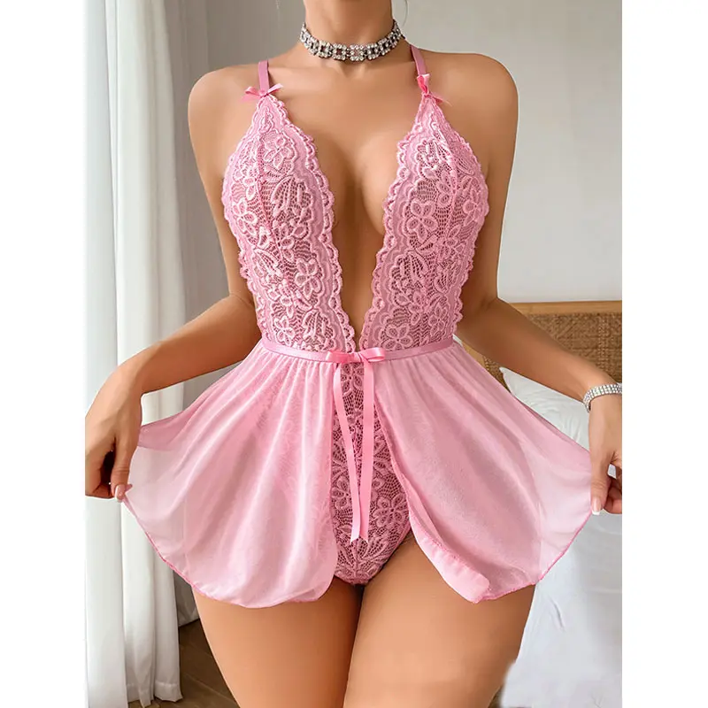 Lingerie Of Desire Rope Harness Open Crotch Mini-sex Doll Party Dress Night Underwear Nightgown Lace Bodysuit Deep V Sexy Wear