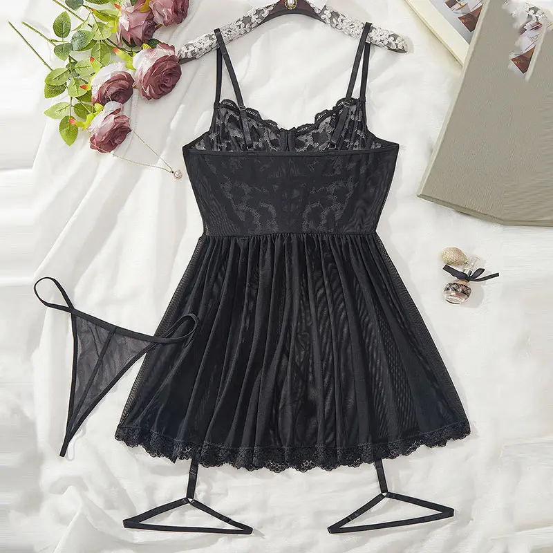 Hot New Lolita Cosplay Lingerie Sexy Costume Embroidered Bra Lace-Up Underwear Semi-Perspective Bodysuit Leg Ring And Thong Set