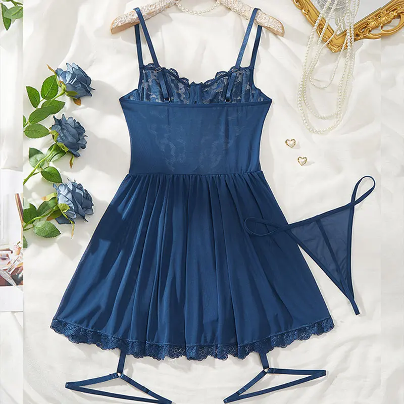 Hot New Lolita Cosplay Lingerie Sexy Costume Embroidered Bra Lace-Up Underwear Semi-Perspective Bodysuit Leg Ring And Thong Set