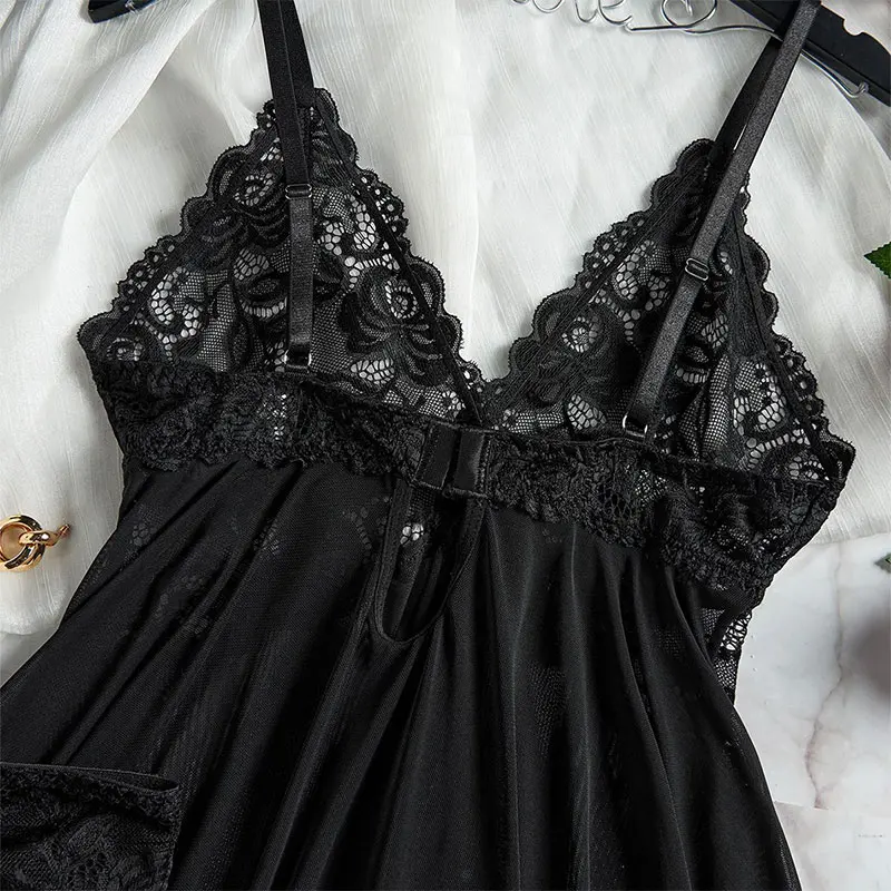 Sling Home Wear Summer Sleeveless Fully Transparent Nightgown Women Robe Nightdress Plus Size Pajamas Panty Set Exquisite V-neck