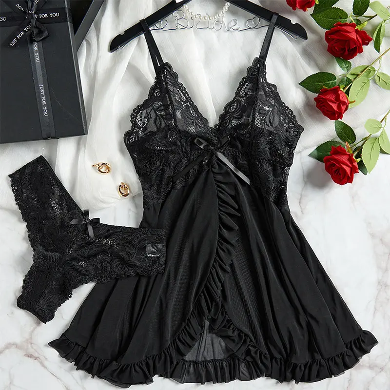 Sling Home Wear Summer Sleeveless Fully Transparent Nightgown Women Robe Nightdress Plus Size Pajamas Panty Set Exquisite V-neck