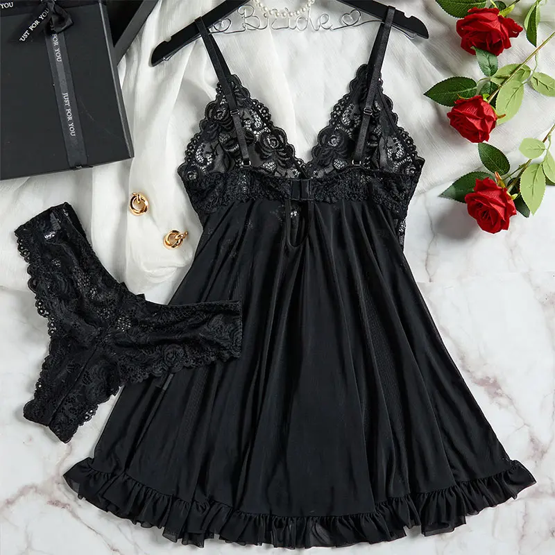 Sling Home Wear Summer Sleeveless Fully Transparent Nightgown Women Robe Nightdress Plus Size Pajamas Panty Set Exquisite V-neck