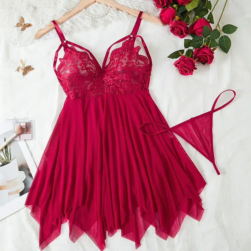 One Underwear Set Summer Thin Bra Hot Nightgown Sets Free Thong Beautiful Women  Lingerie Plus Size Pyjamas Sleep Skirt Sexy Kit