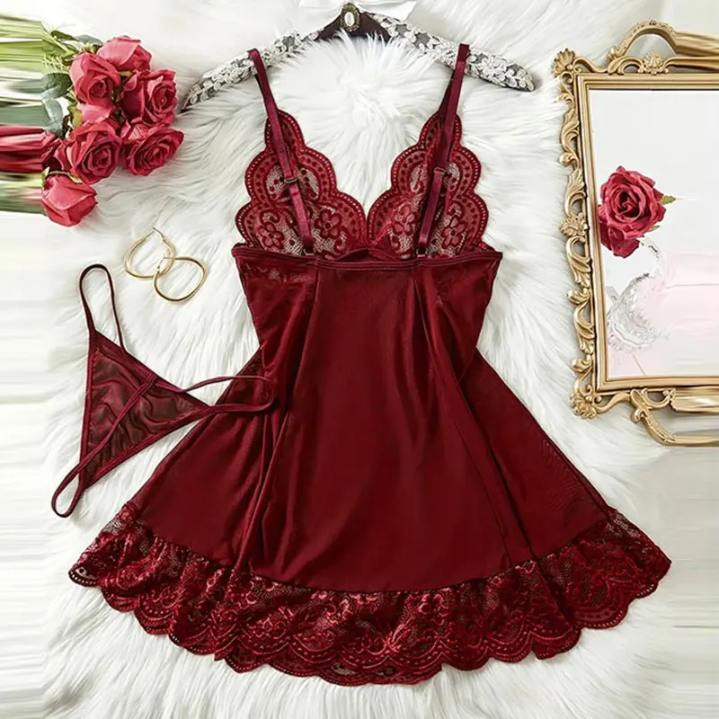 Lingeries Sexy Hot Set V-neck Bra Thong Nightgown With Panties Transparent Ultra-thin Summer Underwear Pajamas Woman Sleep Dress