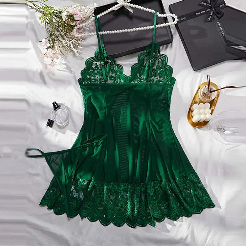 Lingeries Sexy Hot Set V-neck Bra Thong Nightgown With Panties Transparent Ultra-thin Summer Underwear Pajamas Woman Sleep Dress